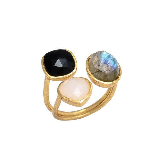 Anillo Alma Negro, Labradorita y Blanco
